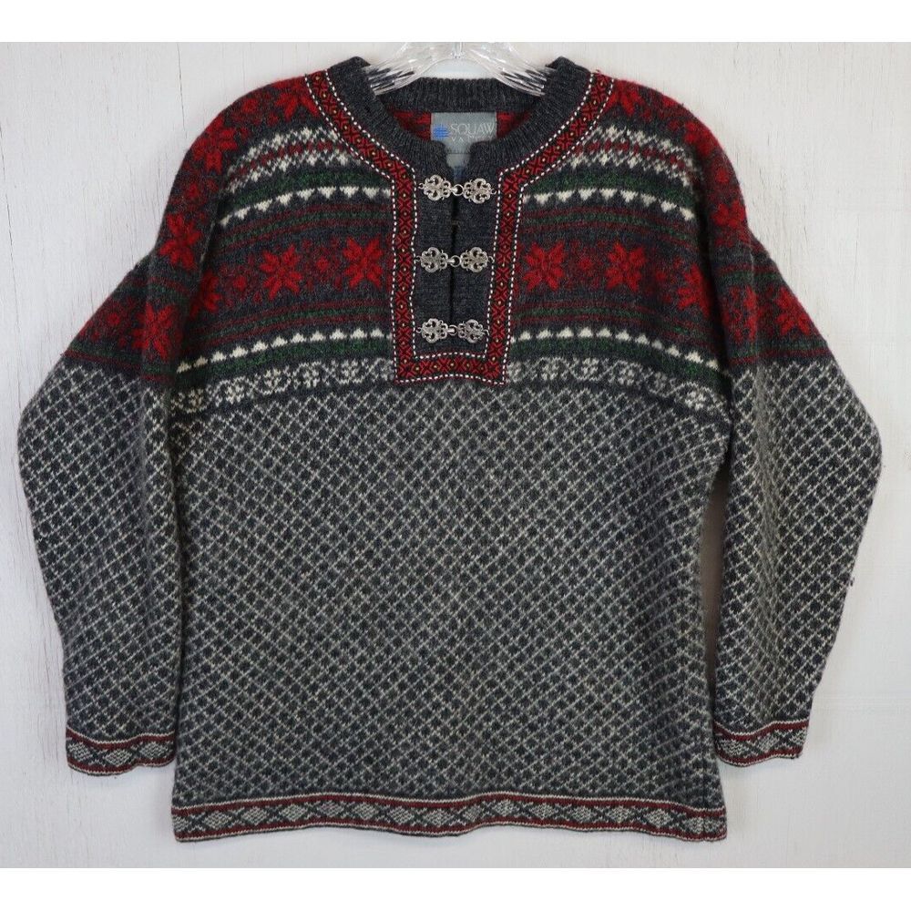 Womens Squaw Valley Gray Red‎ Long Sleeve Metal Clasp Sweater Size L Wool